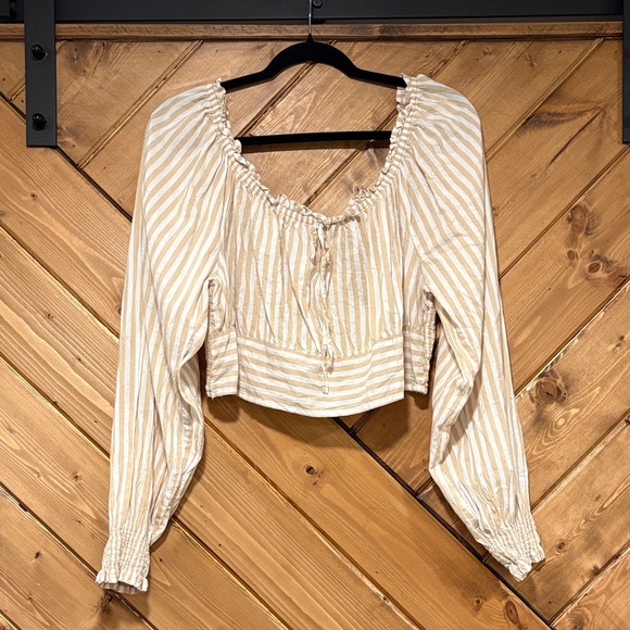 aerie Tops - Aerie Striped Beige Peasant Cropped Blouse - Women Tops XL